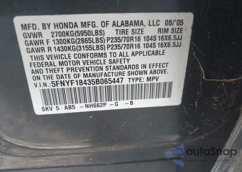 2005 Honda Pilot Ex z USA, uszkodzony, nr VIN 5FNYF18435B065447